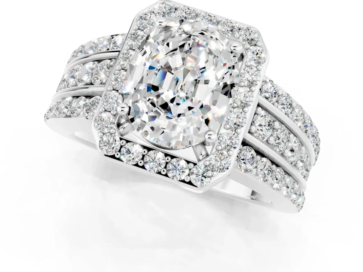 Oval Cut Halo Moissanite Ring with Round Split Shank and Prong Setting White gold