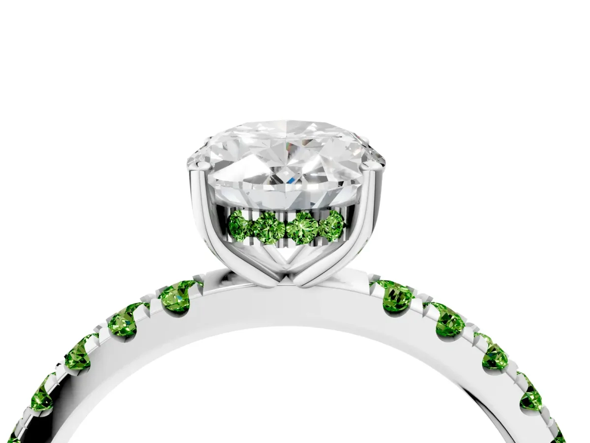 Oval Cut Diamond Pave Band Solitaire Ring with Round Peridot and Prong Setting Platinum