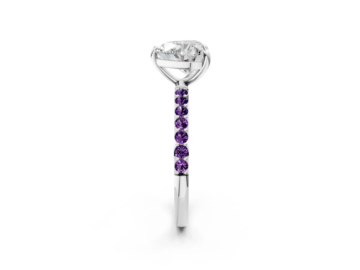 Heart Cut Diamond Solitaire Ring with Round Amethyst Pavé Band and Prong Setting Silver