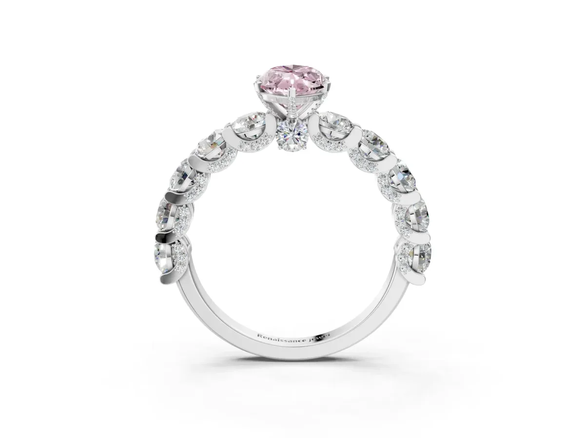 Fancy Pink Marquise Cut Diamond Side Stone Engagement Ring with Four-Prong Setting White gold
