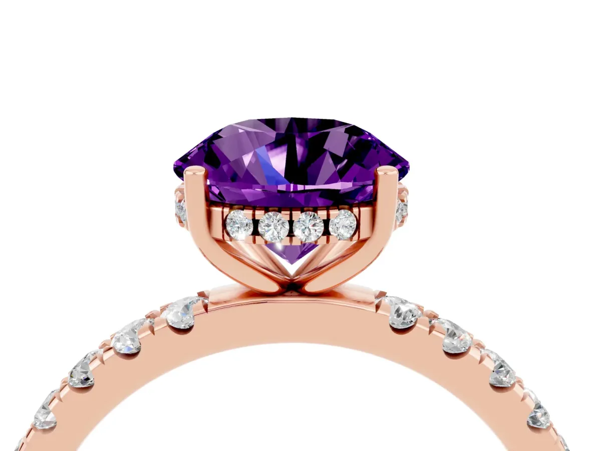 Round Cut Amethyst Pave Band Solitaire Ring with Round and Prong Setting Rose gold