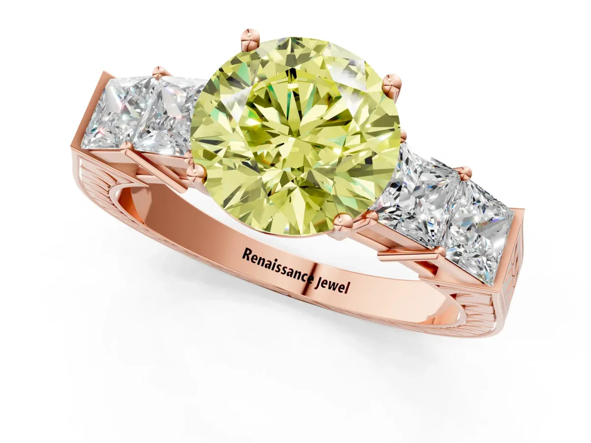 Fancy Yellow Round Cut Solitaire Princess Side Stone Engraved Band Prong Setting Ring Rose gold
