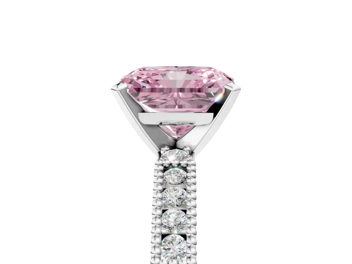 Fancy Pink Radiant Cut Solitaire with Pavé Band and Four-Prong Setting Silver
