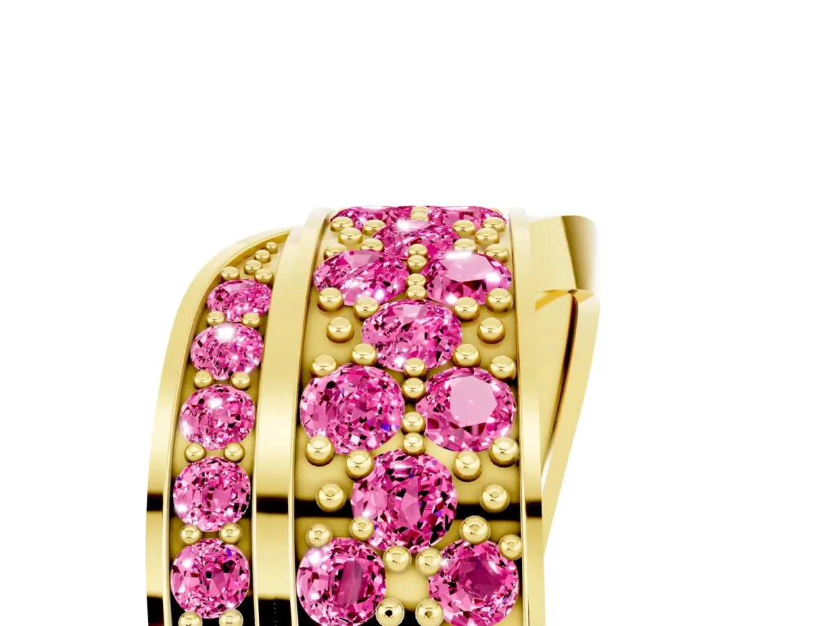 Pavé Round Pink Sapphire Crossover Band with Bead Prong Setting Yellow gold