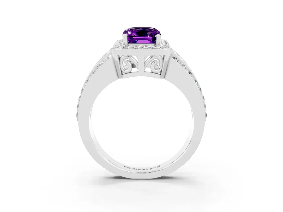 Emerald Cut Halo Amethyst Ring with Round Split Shank and Prong Setting Silver