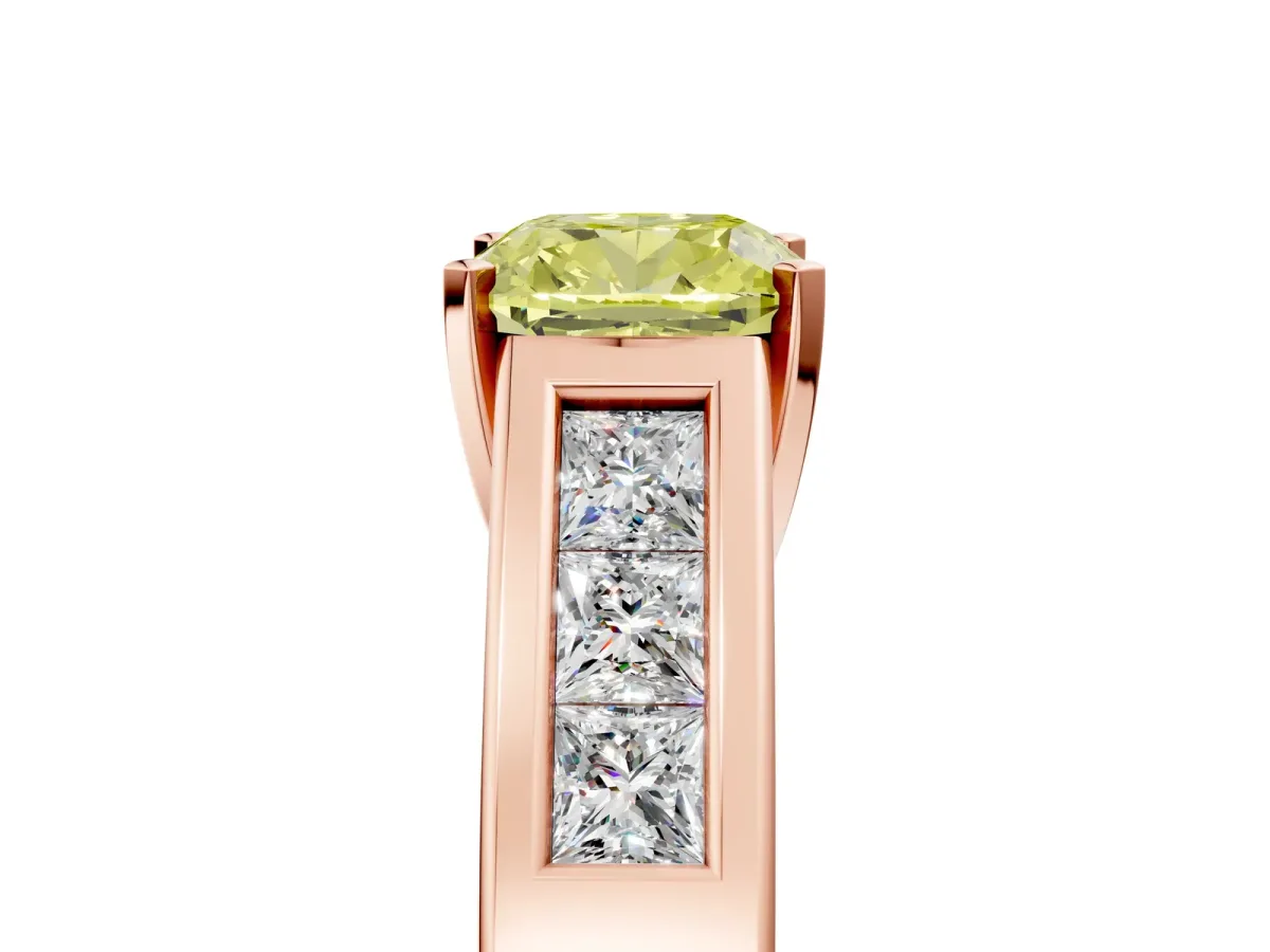Fancy Yellow Cushion Cut Cut Channel Set Solitaire Ring with Four-Prong Setting Rose gold