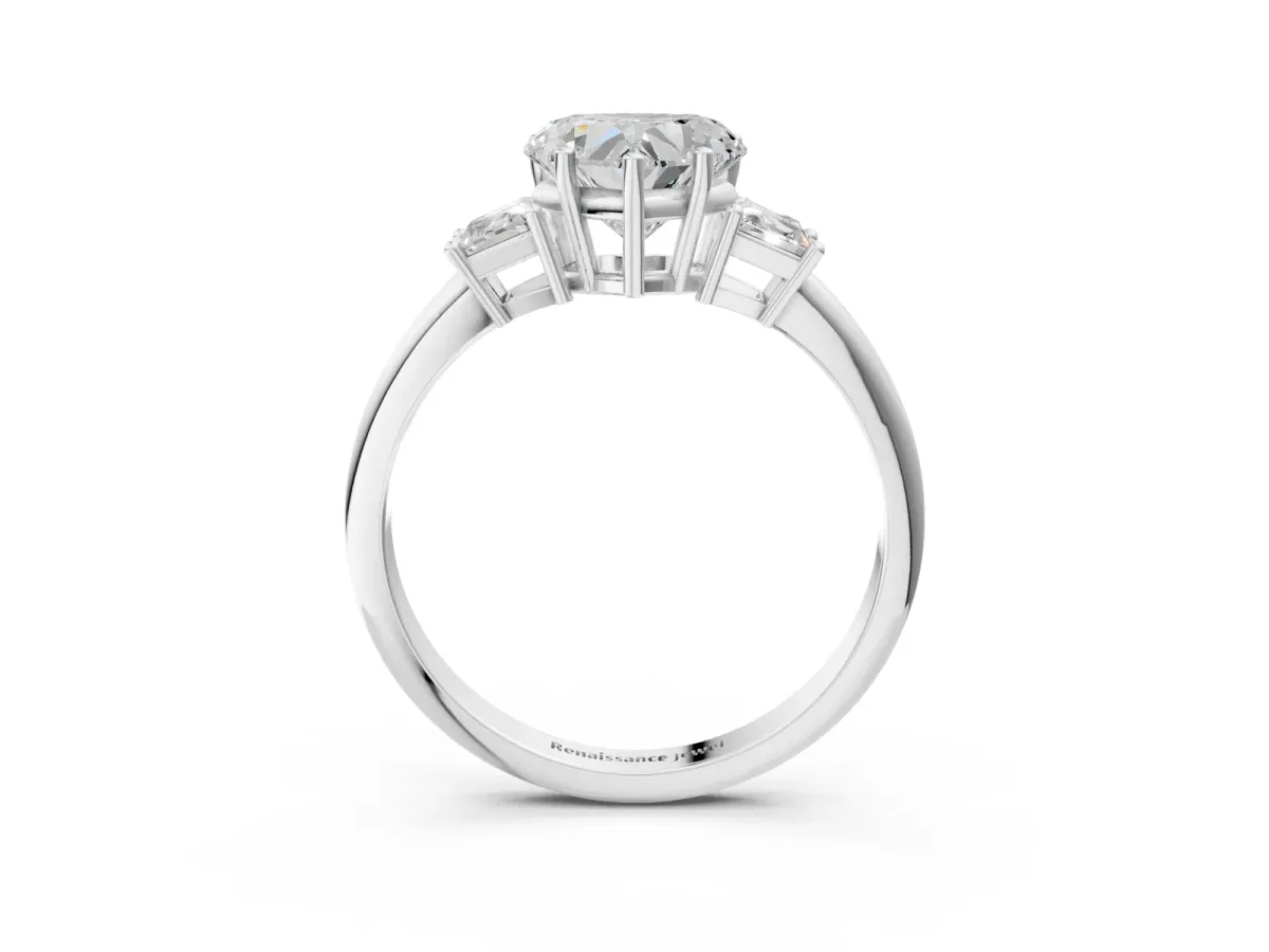 Heart Cut Diamond Three-Stone Ring with Trapezoid Side Stones and Prong Setting Silver