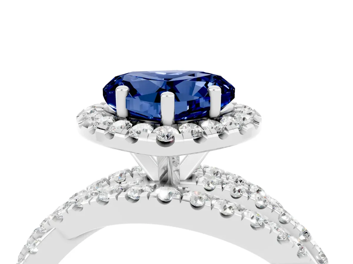 Heart Cut Blue Sapphire Halo Ring with Round Split Shank and Prong Setting Platinum