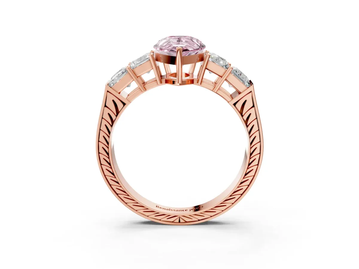 Fancy Pink Pear Cut Solitaire Princess Side Stone Engraved Band Prong Setting Ring Rose gold