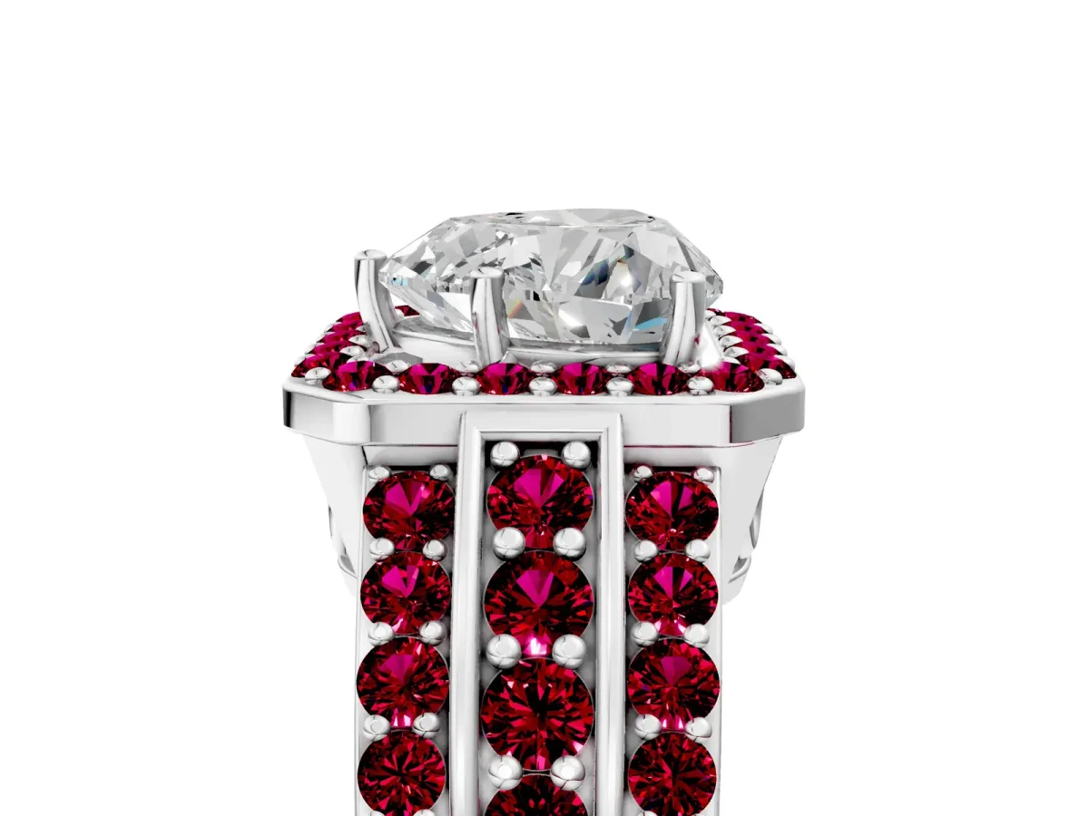 Heart Cut Halo Diamond Ring with Round Garnet Split Shank and Prong Setting Silver