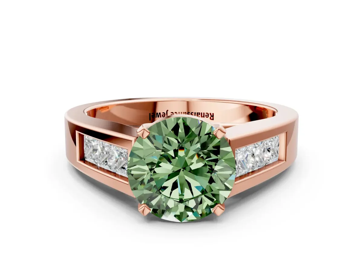 Fancy Green Round Cut Cut Channel Set Solitaire Ring with Four-Prong Setting Rose gold