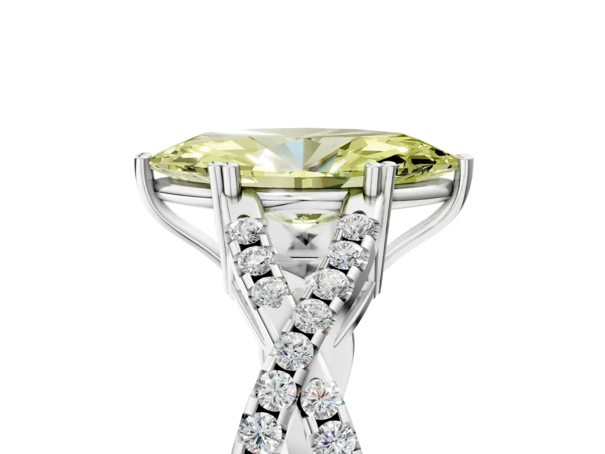 Fancy Yellow Marquise Cut Diamond Solitaire Ring with Four-Prong Setting and Twisted Pavé Band Silver
