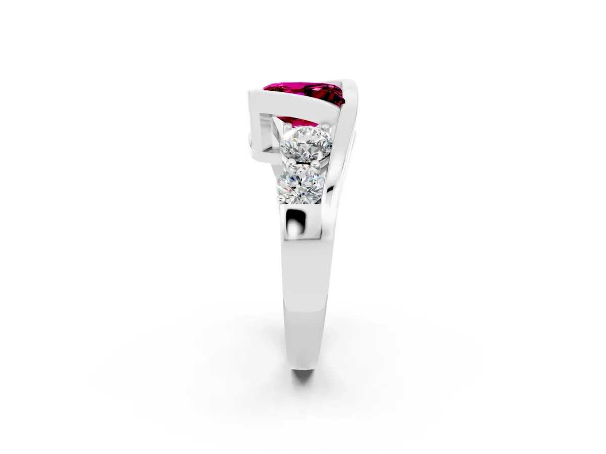 Bezel Set Princess Cut Garnet Bypass Ring with Round Accents Platinum