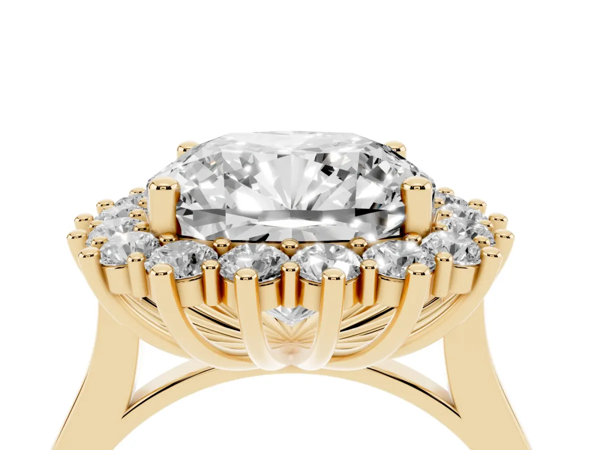 Cushion Diamond Halo Engagement Ring with Round Diamond Accents Yellow gold