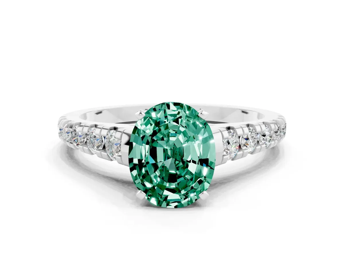 Oval Cut Green Sapphire Cathedral Solitaire Ring with Round Pavé Band Silver