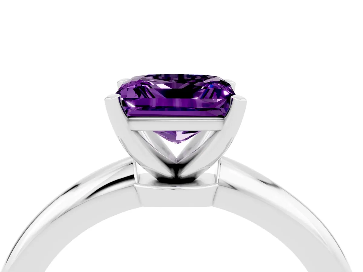 Princess Cut Amethyst Solitaire Ring with Six-Prong Setting and Classic Band Silver
