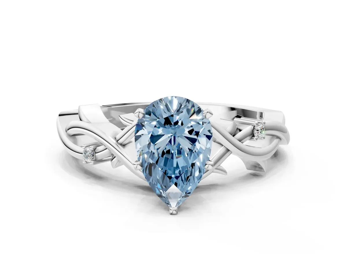 Fancy Blue Pear Cut Diamond Solitaire Ring with Twisted Band and Prong Setting Platinum