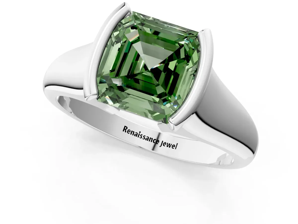 Fancy Green Asscher Cut Solitaire Tension Set Diamond Ring with Split Shank Band Platinum