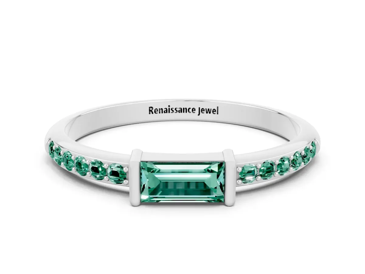 Baguette Green Sapphire Pavé Band with Bar Setting Platinum