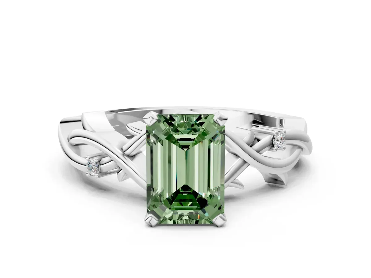 Fancy Green Emerald Cut Diamond Solitaire Ring with Twisted Band and Prong Setting Silver