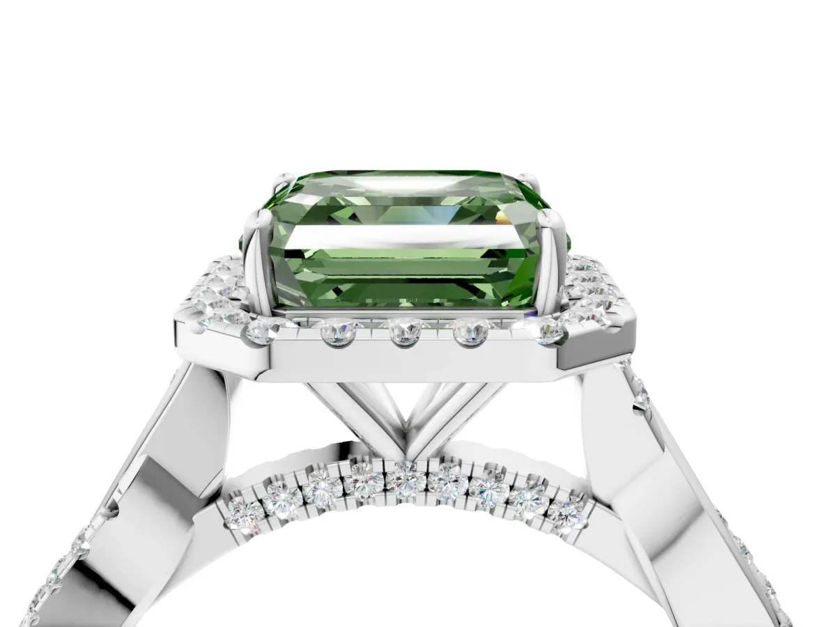 Fancy Green Asscher Cut Halo Twist Band Solitaire Ring Platinum