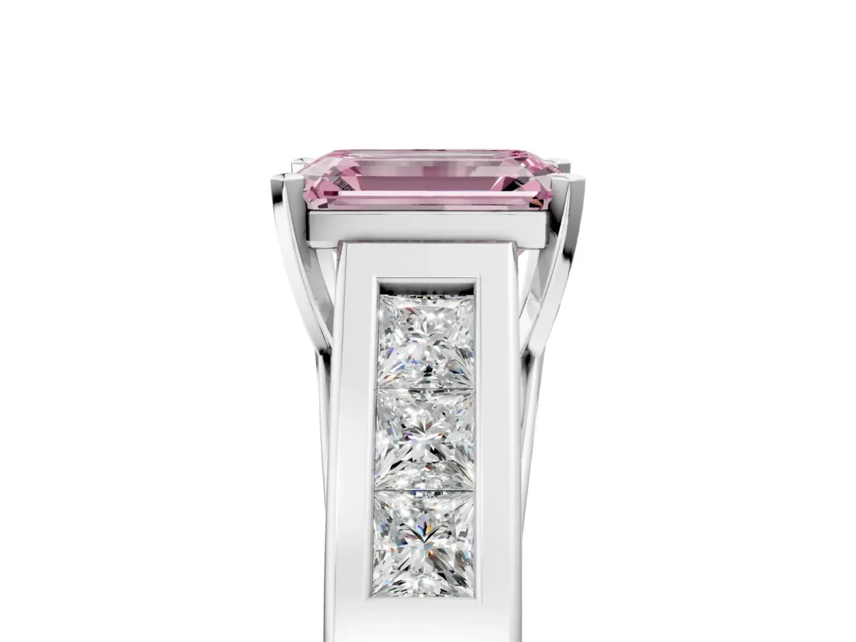 Fancy Pink Emerald Cut Cut Channel Set Solitaire Ring with Four-Prong Setting Platinum