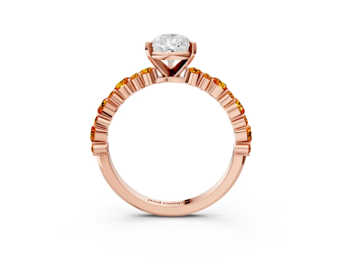 Pear Cut Diamond Side Stone Solitaire Ring with Round Citrine and Four-Prong Setting Rose gold