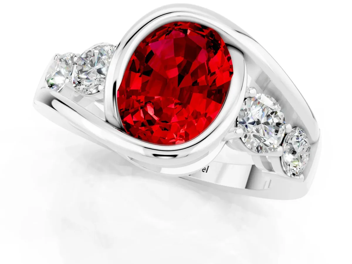 Bezel Set Oval Cut Ruby Bypass Ring with Round Accents Silver