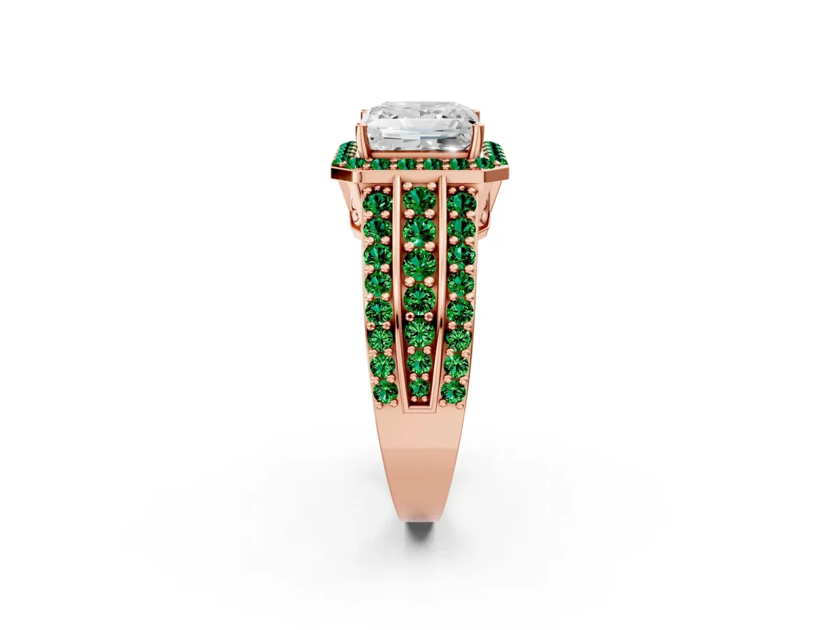 Princess Cut Halo Diamond Ring with Round Emerald Split Shank and Prong Setting Rose gold