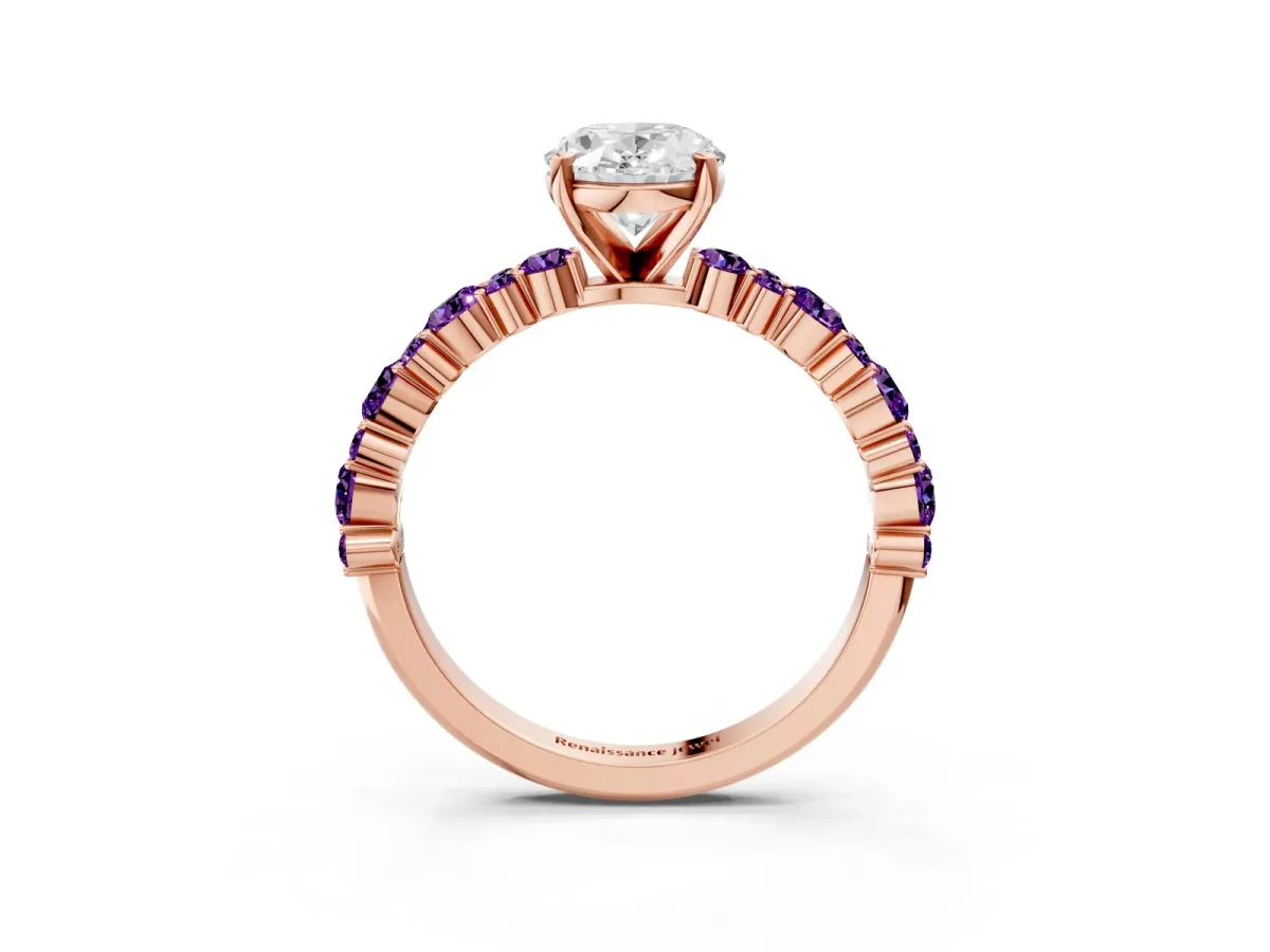 Oval Cut Diamond Side Stone Solitaire Ring with Round Amethyst and Four-Prong Setting Rose gold