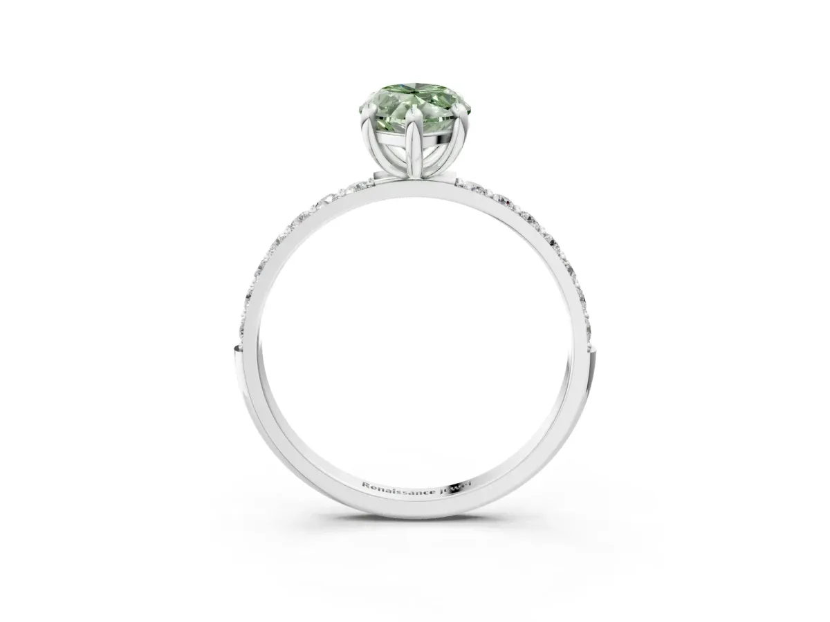 Fancy Green Marquise Cut Diamond Solitaire Ring with Round Pavé Band and Prong Setting Silver