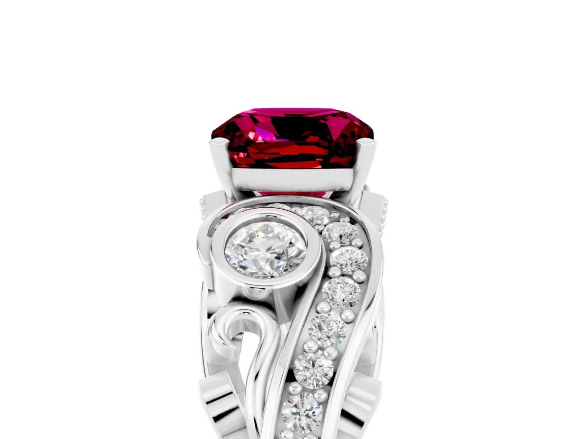 Cushion Cut Garnet Solitaire Ring with Milgrain Pavé Band and Four-Prong Setting Silver