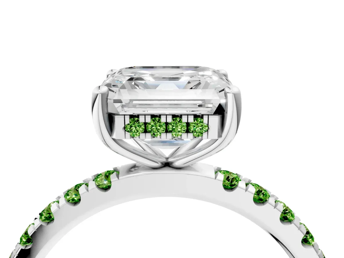 Asscher Cut Diamond Pave Band Solitaire Ring with Round Peridot and Prong Setting Silver