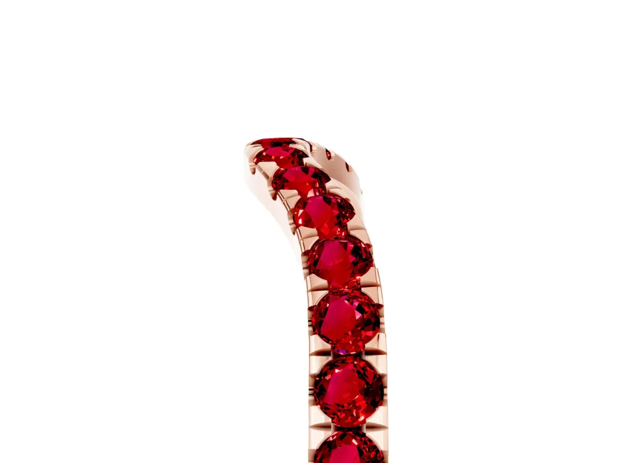 Curved Pavé Round Ruby Wedding Band with Shared Prong Setting Rose gold