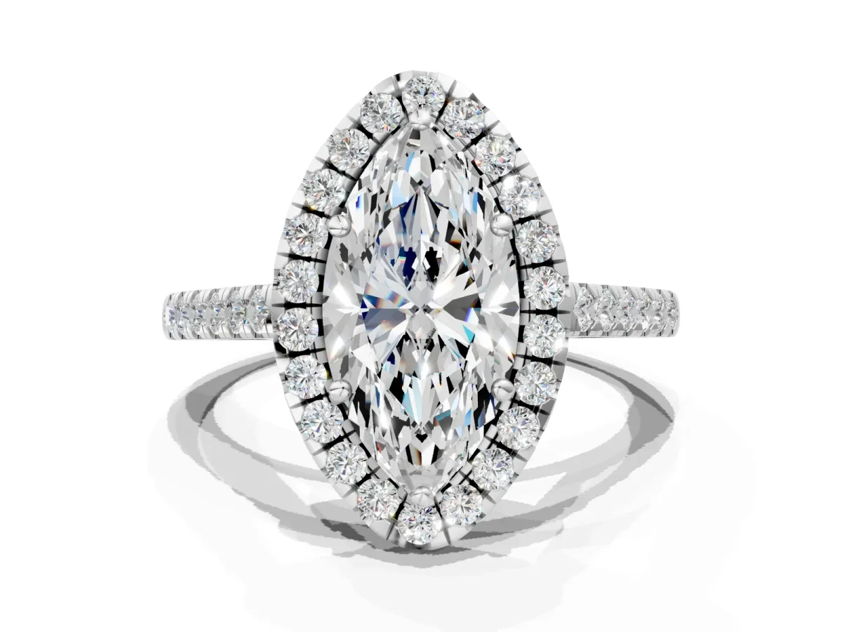 Marquise Cut Halo Pavé Diamond Engagement Ring with Four-Prong Setting Silver