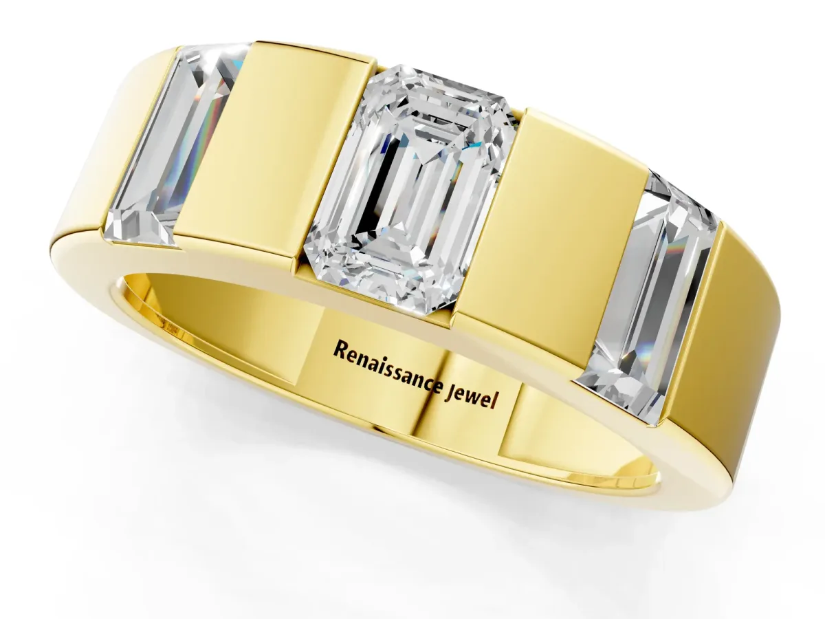 Emerald Cut Diamond Three-Stone Mens Ring with Baguette Side Stones Yellow gold