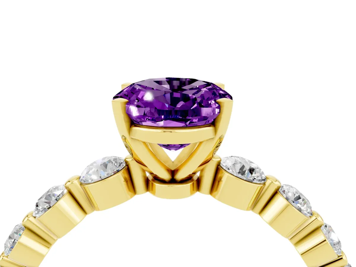 Oval Cut Solitaire Amethyst Ring with Pave Band and Four-Prong Setting Yellow gold