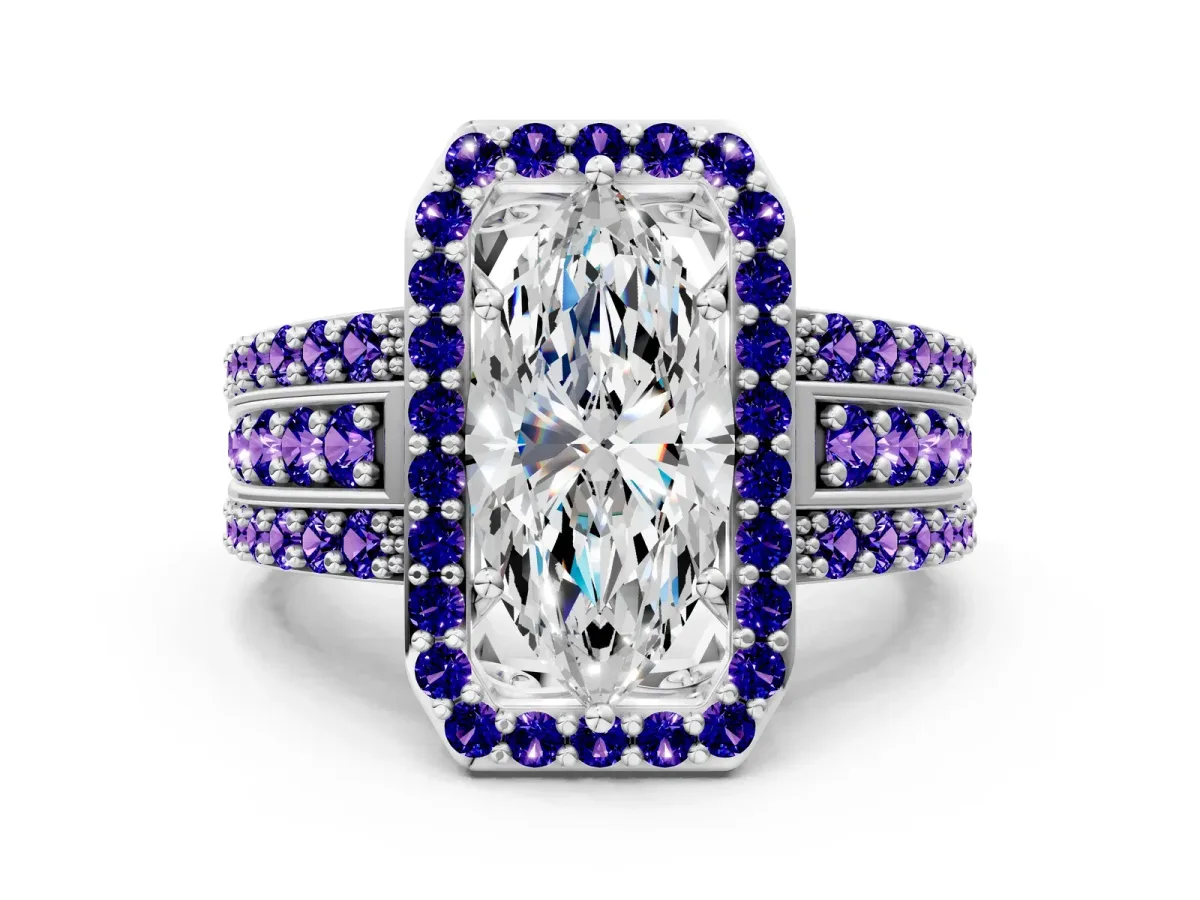 Marquise Cut Halo Diamond Ring with Round Tanzanite Split Shank and Prong Setting Silver
