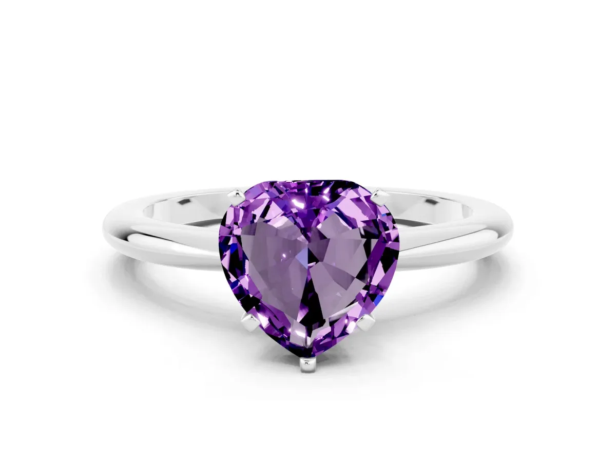 Heart Cut Amethyst Solitaire Ring with Six-Prong Setting and Classic Band Silver