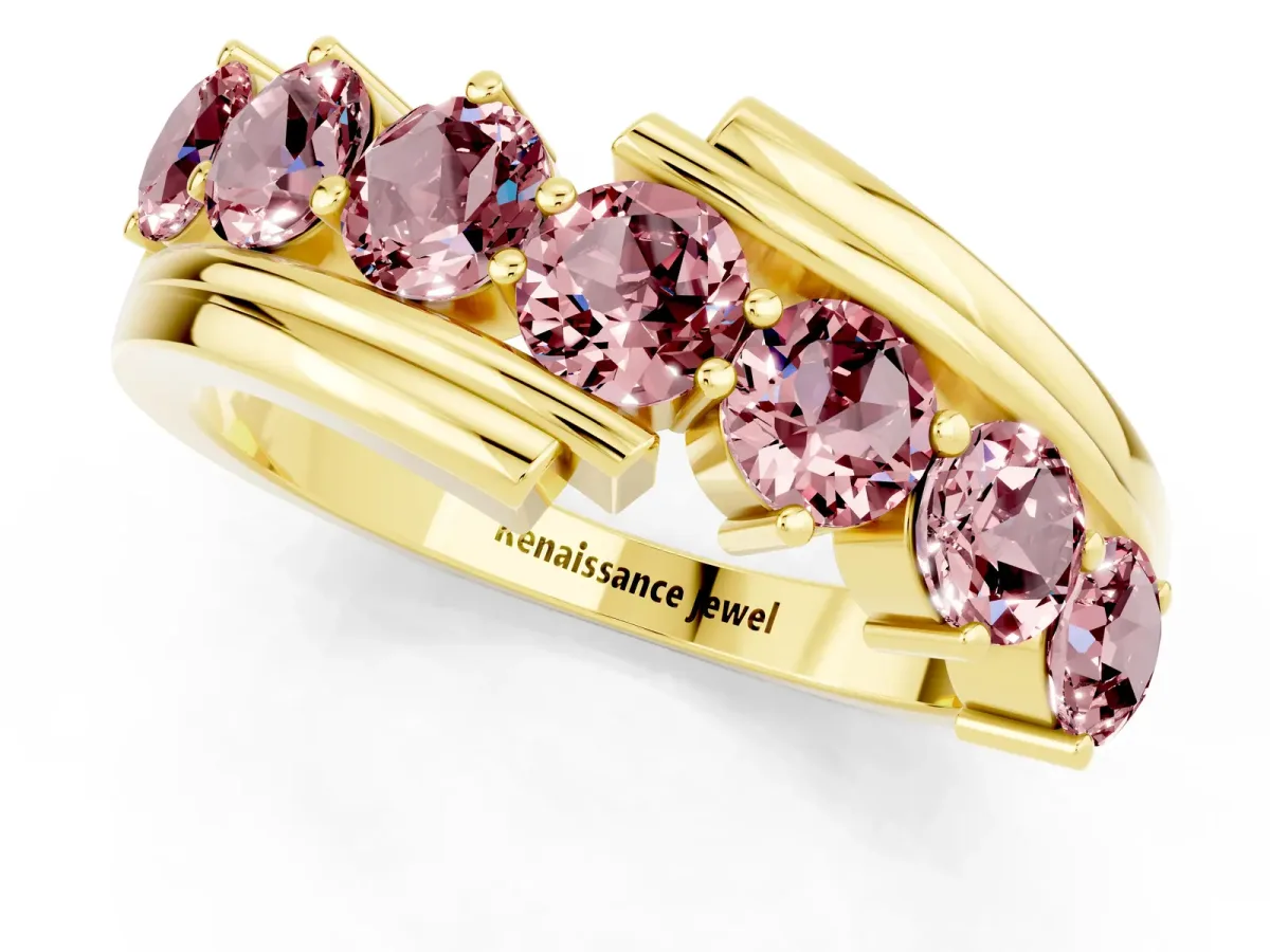 Round Morganite Wave Band with Channel and Shared Prong Setting Yellow gold