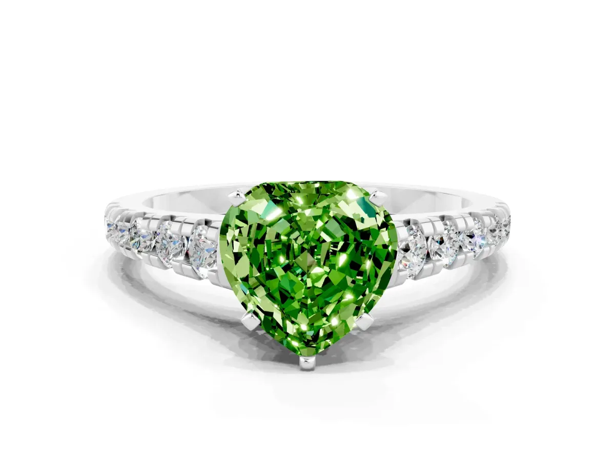 Heart Cut Peridot Cathedral Solitaire Ring with Round Pavé Band Silver