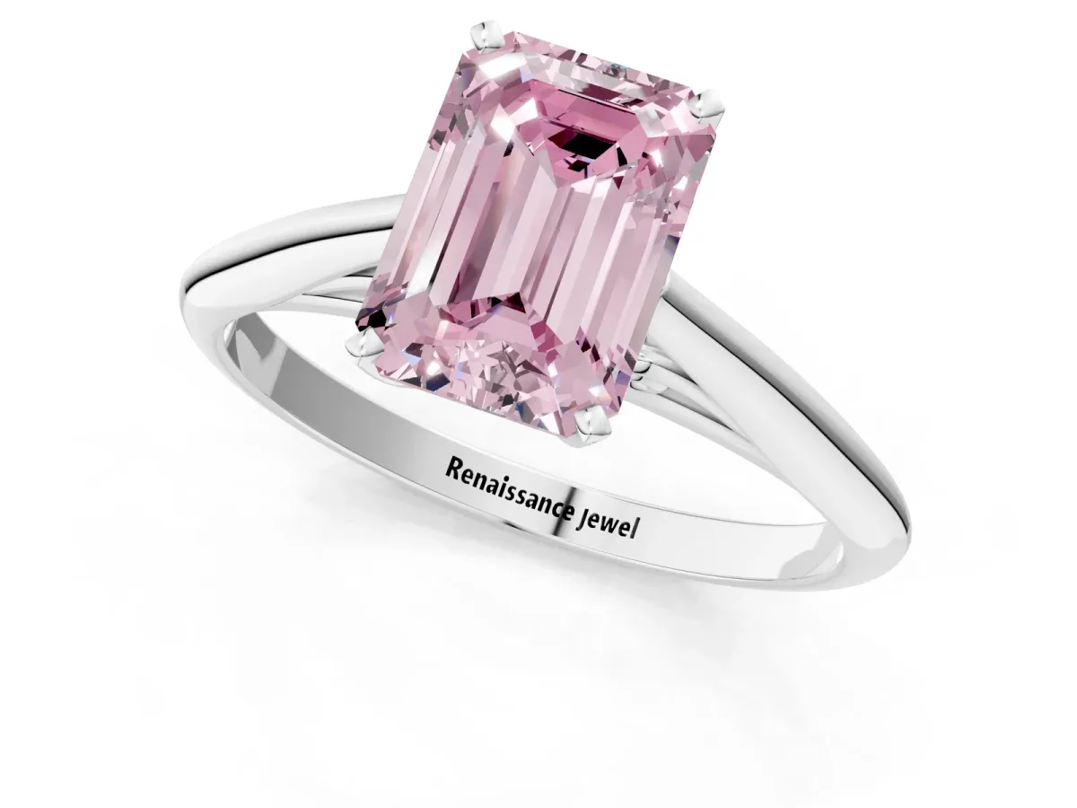 Fancy Pink Emerald Cut Diamond Solitaire Engagement Ring with Cathedral Setting and Four-Prong Mount White gold