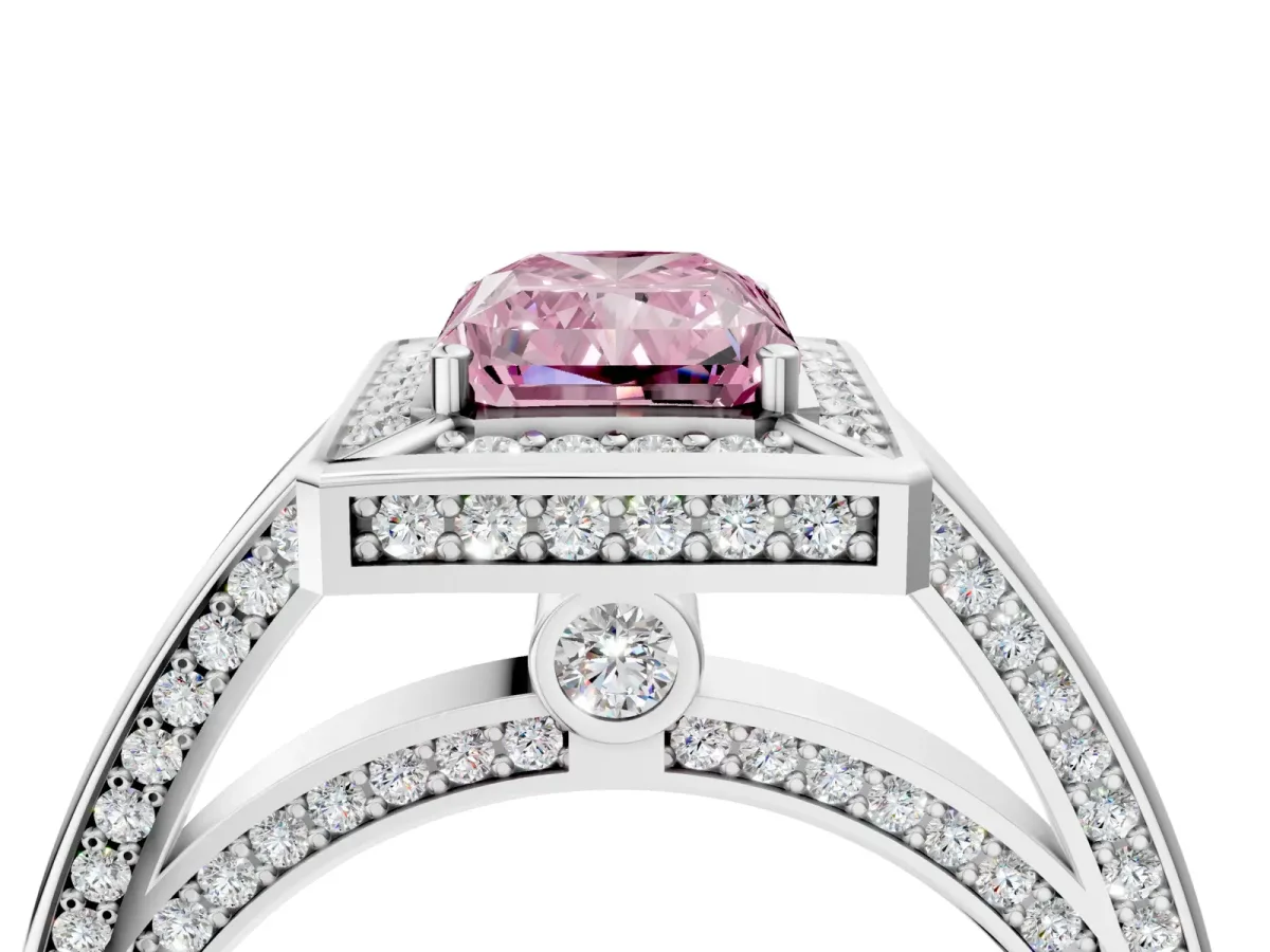 Fancy Pink Radiant Cut Cut Halo Pave Split Shank Prong Setting Ring Platinum