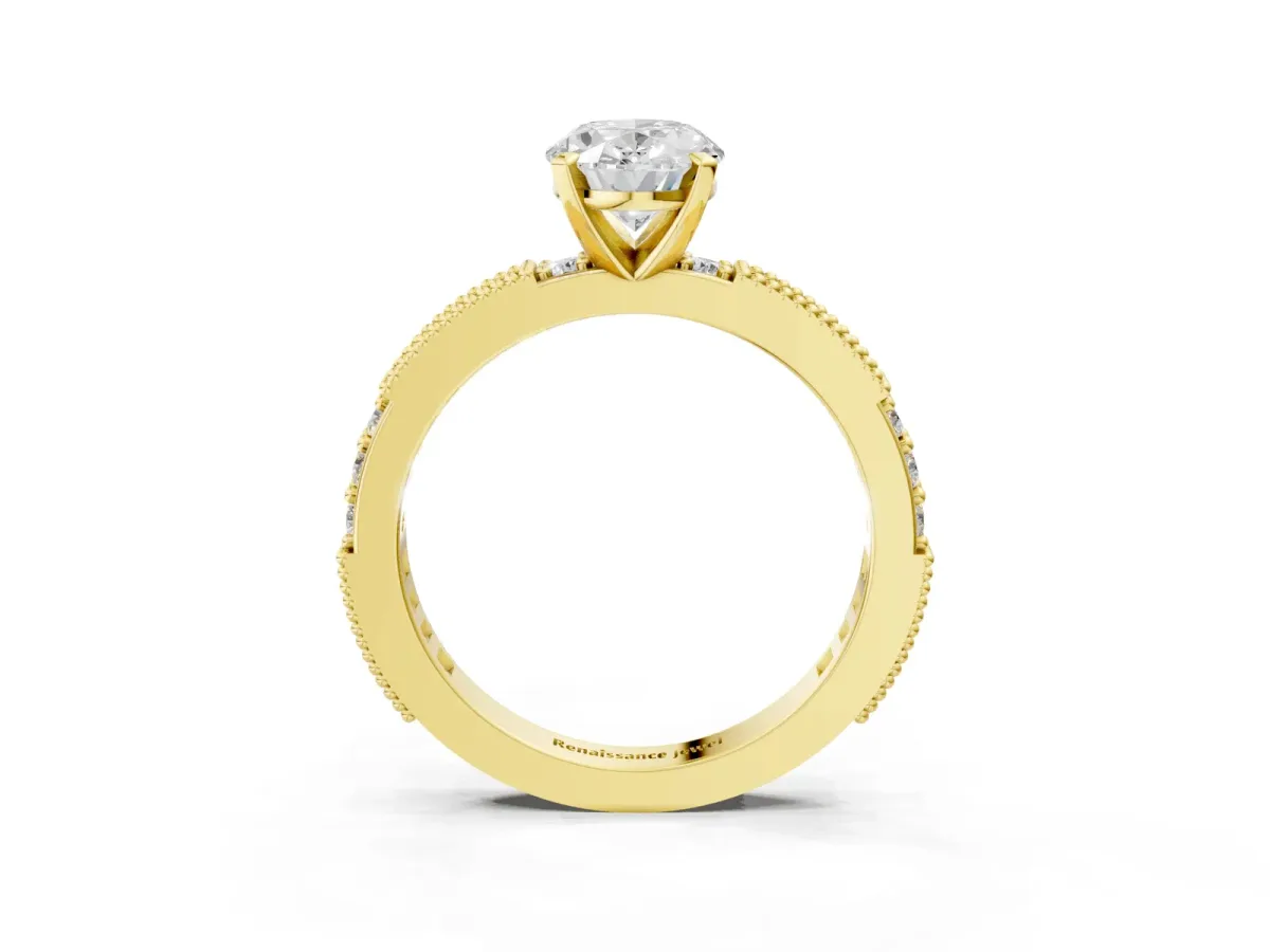 Oval Cut Solitaire with Pavé Band and Four-Prong Setting Yellow gold