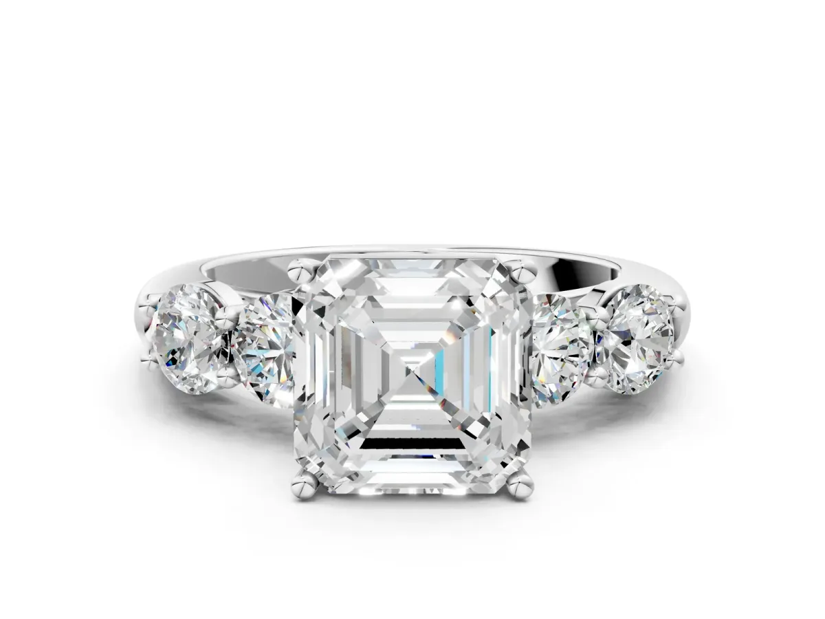 Asscher Cut Cut Five-Stone Prong Set Diamond Ring with Classic Band Platinum
