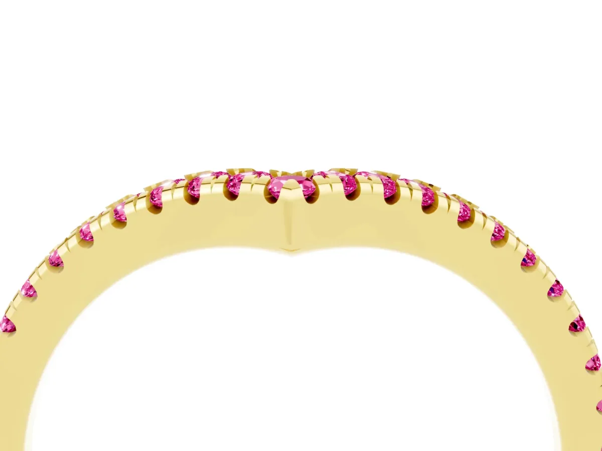 Pavé Round Pink Sapphire V-Shaped Chevron Band with Shared Prong Setting Yellow gold