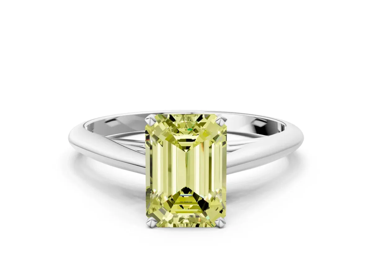 Fancy Yellow Emerald Cut Diamond Solitaire Engagement Ring with Cathedral Setting and Four-Prong Mount White gold