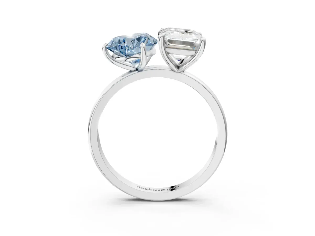 Fancy Blue Heart Cut and Emerald Cut Toi Moi Ring with Prong Setting White gold