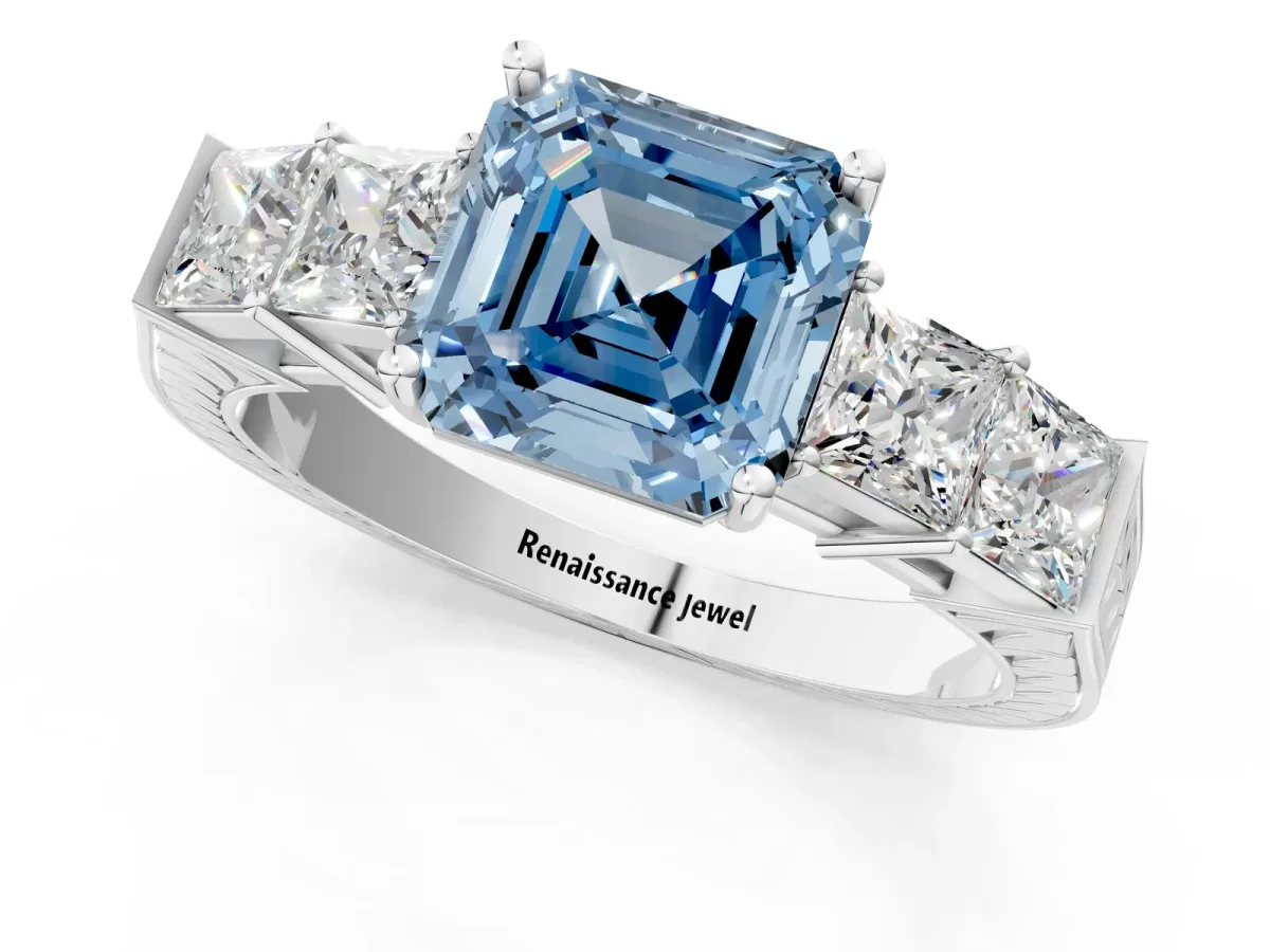 Fancy Blue Asscher Cut Solitaire Princess Side Stone Engraved Band Prong Setting Ring Platinum