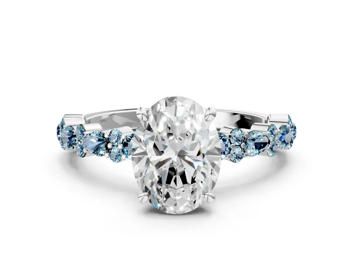 Oval Cut Diamond Side Stone Solitaire Ring with Round Aquamarine and Four-Prong Setting Silver